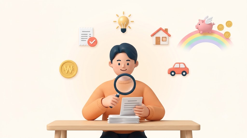책상에서 돋보기로 서류를 살펴보는 사람과 그 위로 떠 있는 원화 금화·영수증·전구·집·자동차 아이콘, 무지개 위를 나는 날개 달린 돼지저금통 — 원누리 소개
